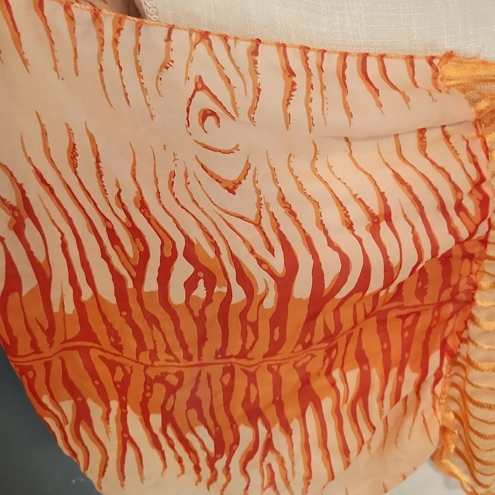 Just Be Mix Media Sheer Ribbon Lace Neon Orange Tiger Print Circle Wrap Scarf